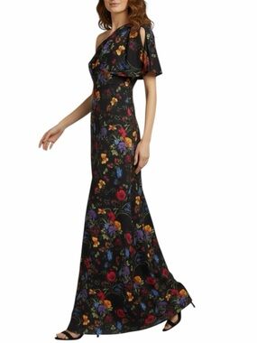 NWT SACHIN + BABI Black Floral Sleeveless One Shoulder Bow Dress Gown Size 10